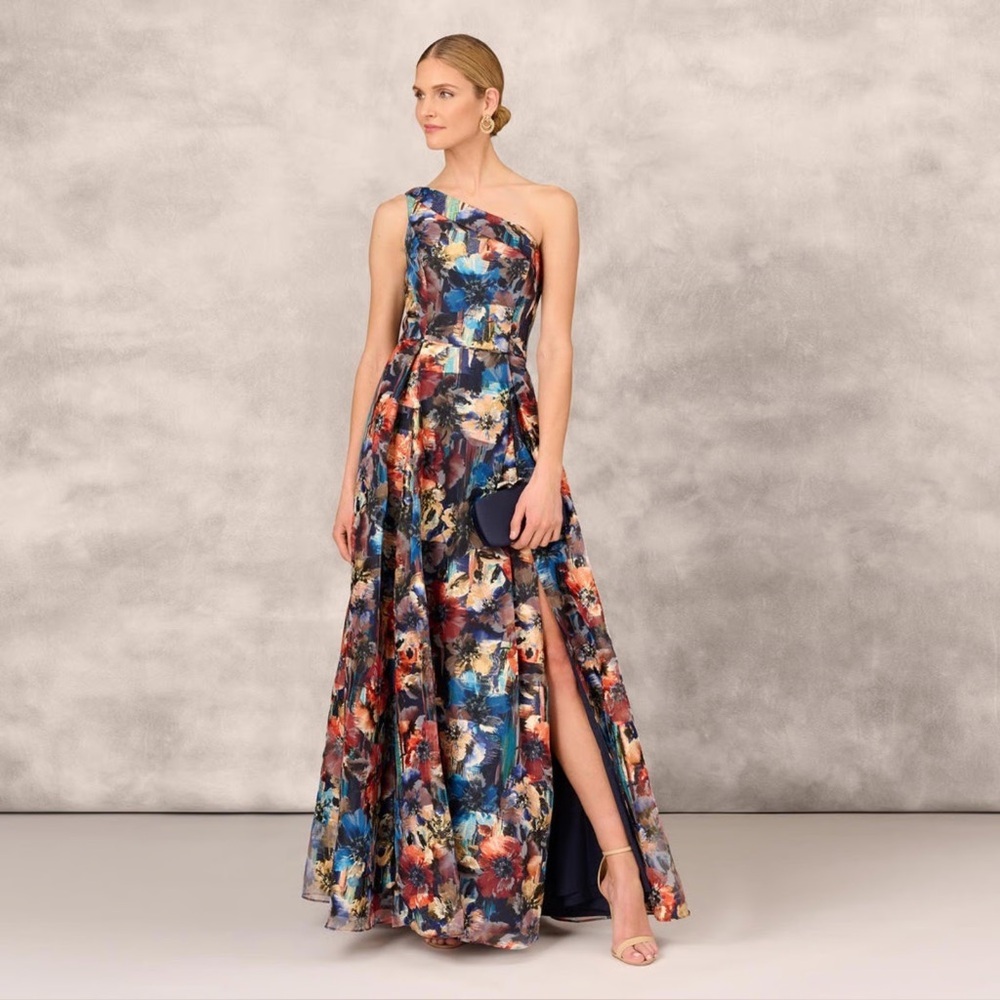 Aidan Mattox Metallic Floral Jacquard One Shoulder Gown 6